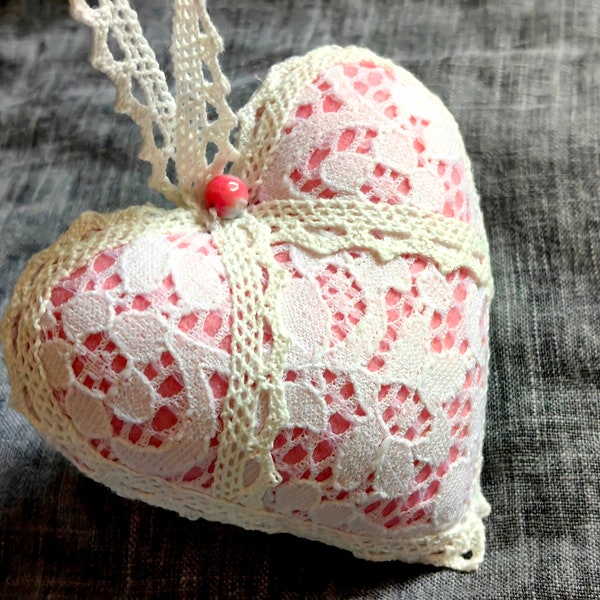 Shabby Chic Unique Handmade White Lace Heart Ornament, Pink Semiprecious Stone Bead