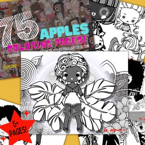 Puede incluir: Páginas para colorear en blanco y negro con personajes de la colección Folklore de Dr. Apples. La portada presenta una ilustración en blanco y negro de una niña con el pelo rizado que lleva un vestido y está de pie frente a grandes hojas. El texto "75 APPLES COLORING PAGES!" está escrito en letras rosas y azules. El texto "FEATURING FROM DR. APPLES' FOLKLORE COLLECTION" está escrito en letras negras. El texto "PART ONE" está escrito en letras negras. El texto "5+ PAGES!" está escrito en letras rojas sobre una estrella blanca.
