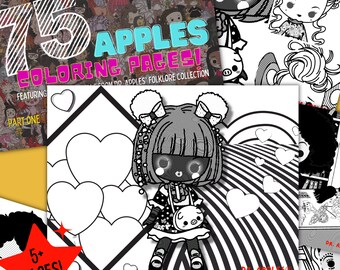 May include: Black and white coloring page featuring a girl with pigtails and a pig purse. The girl is standing in a field of hearts with a striped background. The text "75 APPLES COLORING PAGES!" is at the top of the page. The text "FEATURING FROM DR. APPLES' FOLKLORE COLLECTION" is below the title. The text "PART ONE" is below the collection name. The text "5+ PAGES!" is in a red star at the bottom left of the page.