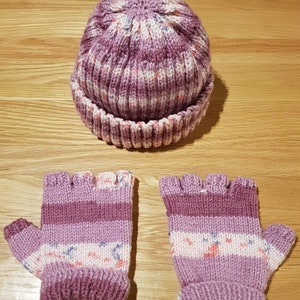 Adults Hand Knitted Hat and Fingerless Gloves Set.