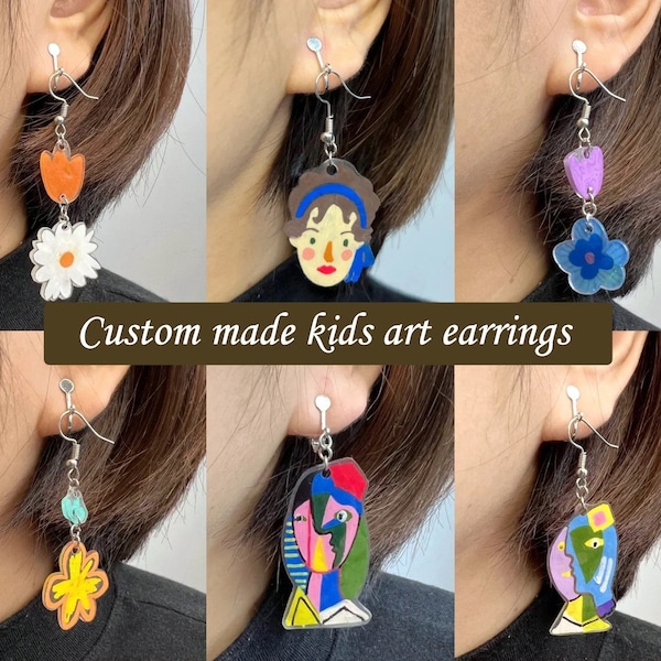 Personalized Shrink Plastic Earrings made of your Kids Artwork | Children Drawing Earrings Gift for Mom | Mothers day gift