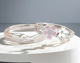 Cherry Blossom Romantic Promise Rings for Couples, Birthday Gift