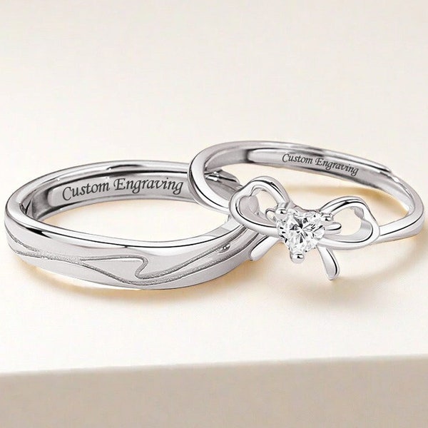 Matching Bow Wedding Rings Set 18K White Gold Plated Solid Sterling Silver - Adjustable Size