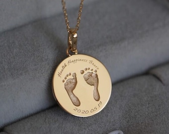 Engraved Baby Footprints Necklace Baby Birth Date Memorial Necklace For New Mom