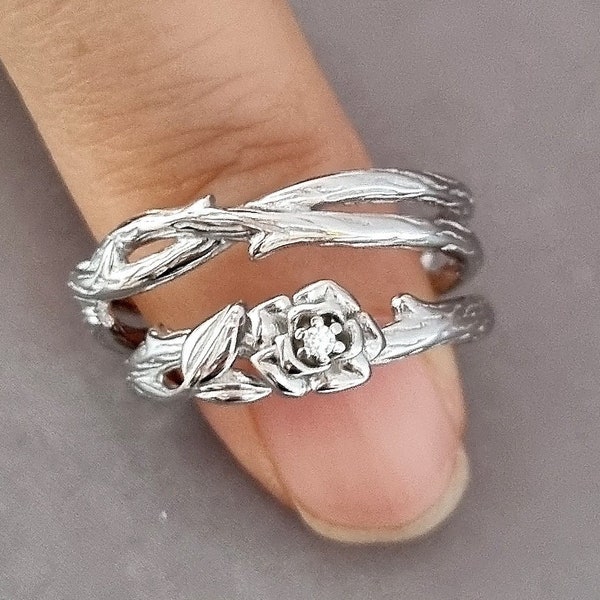 Dainty Twig Branch Couple Wedding Rings Set pour 2 | Bagues de fiançailles réglables Silver Rose