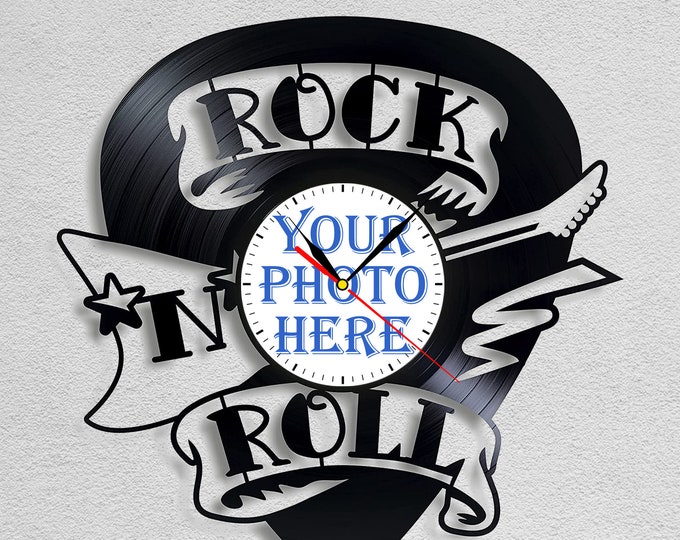 Gift for Rock and Roll Lover, Gift for Guitarist, Personalized Photo Vintage Wall Clock