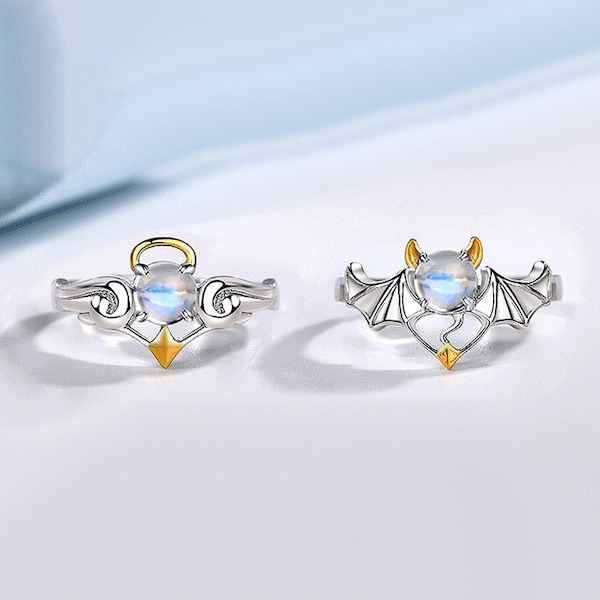 Custom Angel and Devil Moonstone Couple Promise Rings Set for 2 | Matching Anniversary Christmas Gift