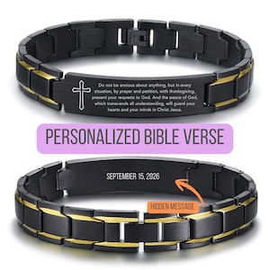 May include: Black and gold-toned metal bracelet with a personalized Bible verse and a hidden message. The bracelet features a cross symbol and the text "Do not be anxious about anything..." The date "September 15, 2026" is also visible.