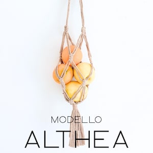 Handmade macramé fruit basket MODEL ALTHEA brings natural boho style to your kitchen. Stylish, functional, and 100% handmade cotton rope.