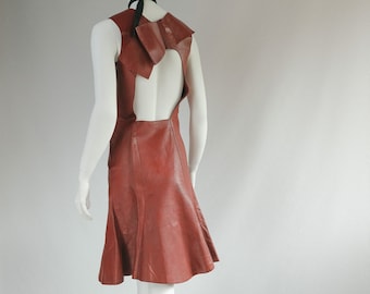 Vintage Leather Alexander McQueen brown burgundy  Leather Dress Cut out Back dress 8-10