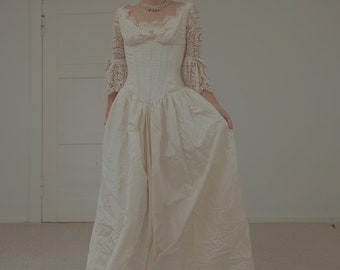 Vestido de noiva princesa estilo espartilho vintage de seda pura de alta costura dinamarquesa com cintura baixa e desossada P/M Reino Unido 8-10