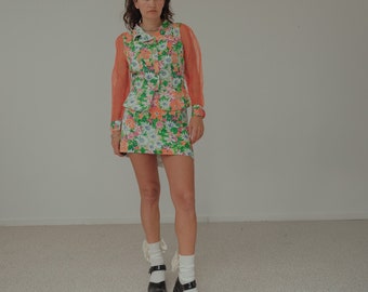 Nina Ricci Vintage 1980s Floral Mini Skirt Suit, Puff Sleeves