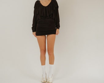 Vivienne Westwood Archival 1980s Vintage Black Ruched Mini Skirt and Ruffled Pirate Blouse Skirt ensemble