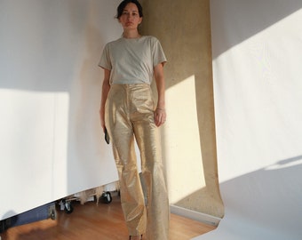 90s Gold Genuine Leather Snake Print Wide Leg Trousers UK 8-10