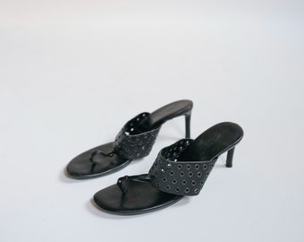 90s CELINE by Michael Corrs Leather Heeled Sandal with Silver Rivets Exceptional! Size 38.5