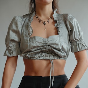Silver Raw Silk  Puff Sleeve Milkmaid Blouse
