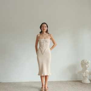 Extraordinary Knitted Beige Corset Dress with Floral embellishment  XS