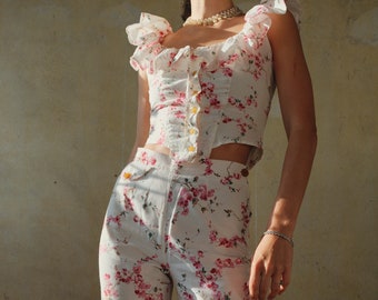 Archival Vivienne Westwood archival 90s floral ruffle corset and Trousers set co ord tag size I XS