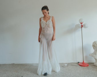 Vestido de festa vintage com corte enviesado em organza marfim transparente XS-L Look nupcial perfeito