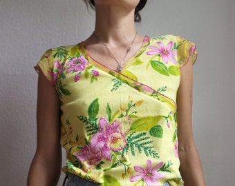 Y2K Yellow and Pink Hibiscus Asymmetrical ruffle top
