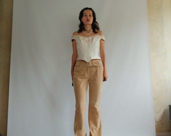 Dolce Gabbana Genuine Suede Leather Beige 90s Slit Flared Trousers