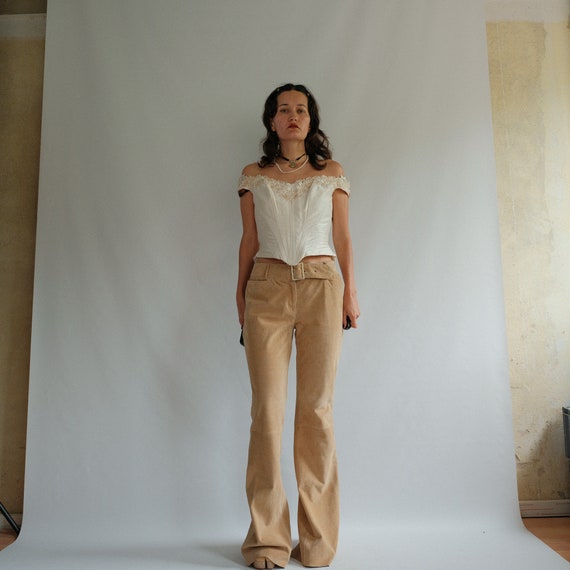 Dolce Gabbana Genuine Suede Leather Beige 90s Slit Flared