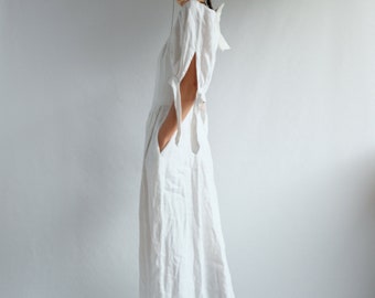 Vestido True Vintage Branco 100% Linho Manga Puff Cottage Core XS-S