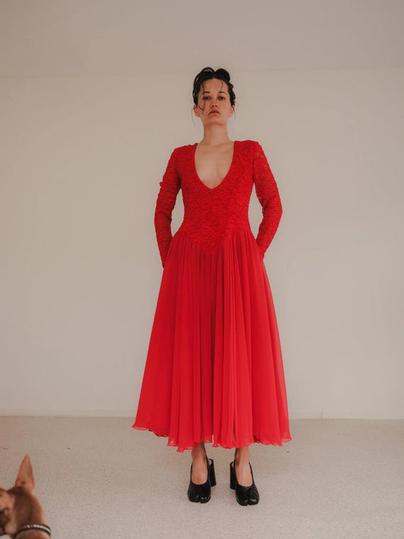 Vintage Red Drop Waist Lace Dress - Etsy