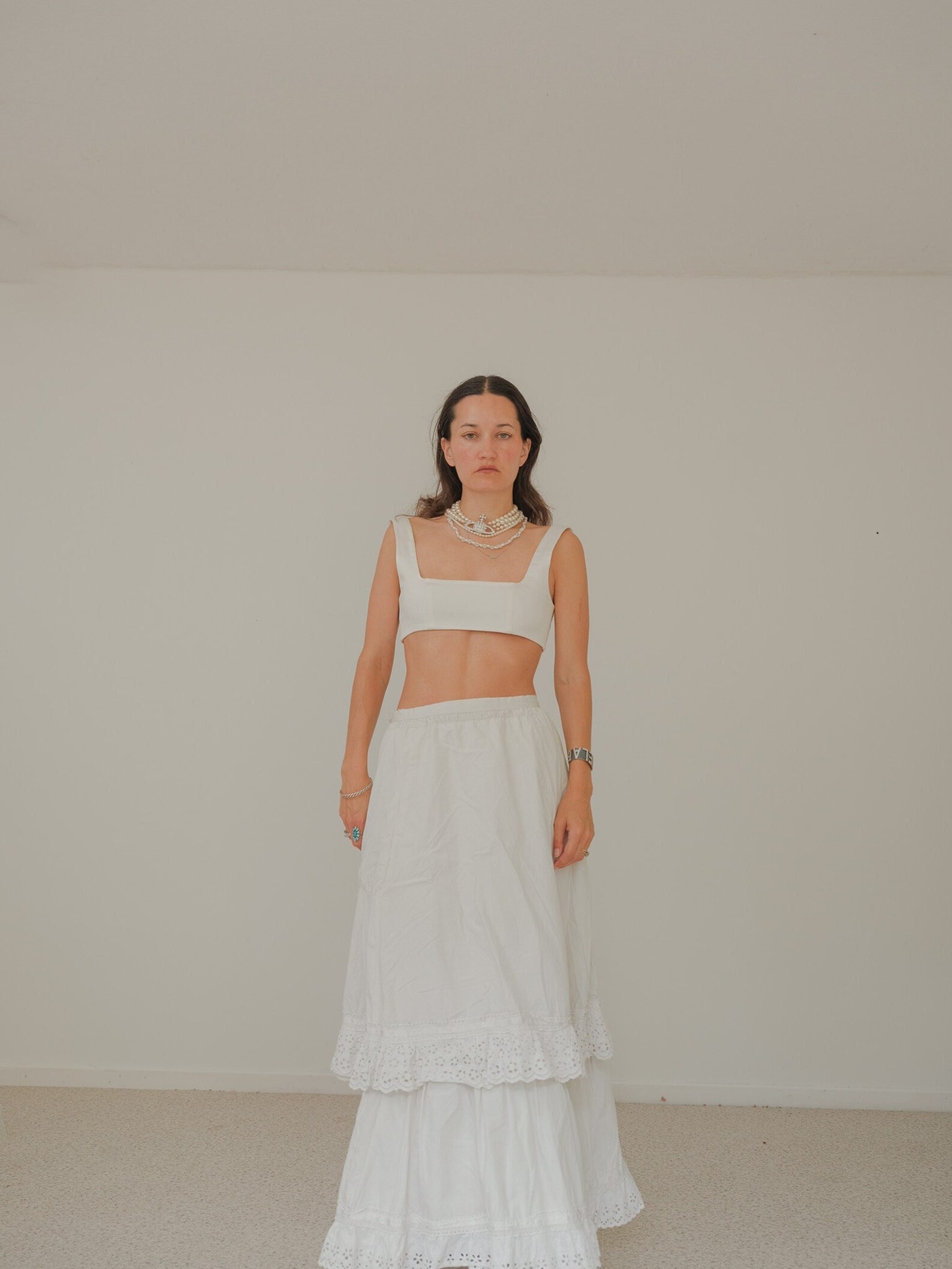 Striped Long Tiered Skirt Natural Off White