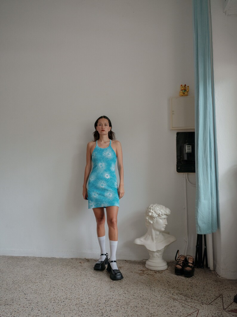 90s Baby Blue Tie Dye Fitted Mini Dress XS From my personal collection image 5