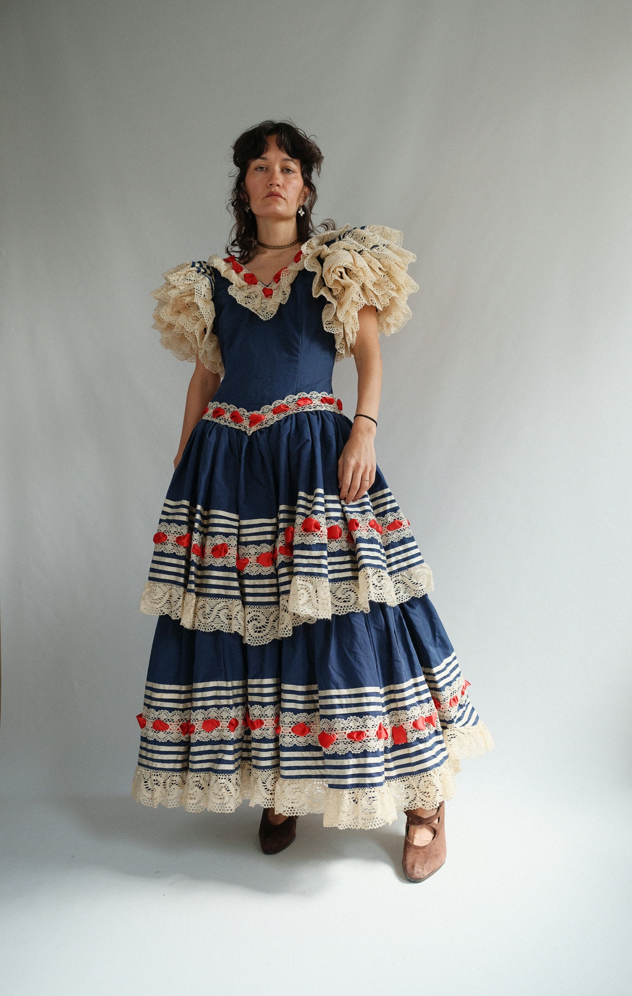 True Vintage Dolce Gabbana DG Blue White Red Cotton and Lace Puff Gown XS S