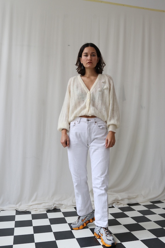 White Mohair Hand Knitted Embellished Cardigan XS
