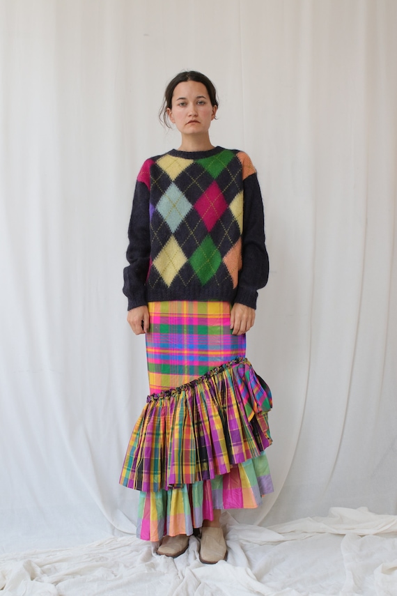 Hand Knitted Mohair Argyle Jumper Vintage S-M