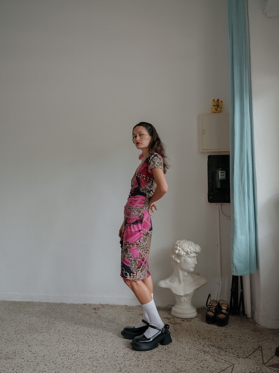 Delicious Y2K pink Chain and Link print Midi Dres… - image 4