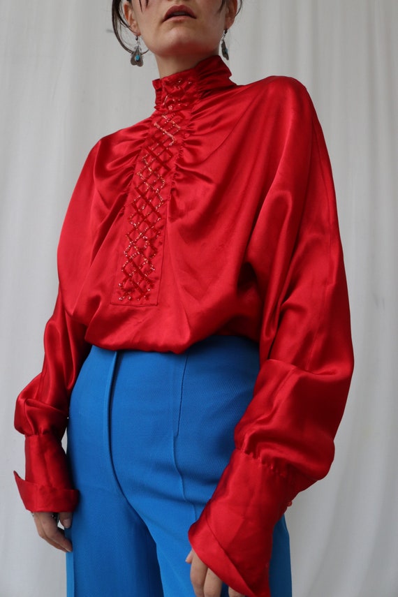 High Neck embellished fire engine red silk vintage