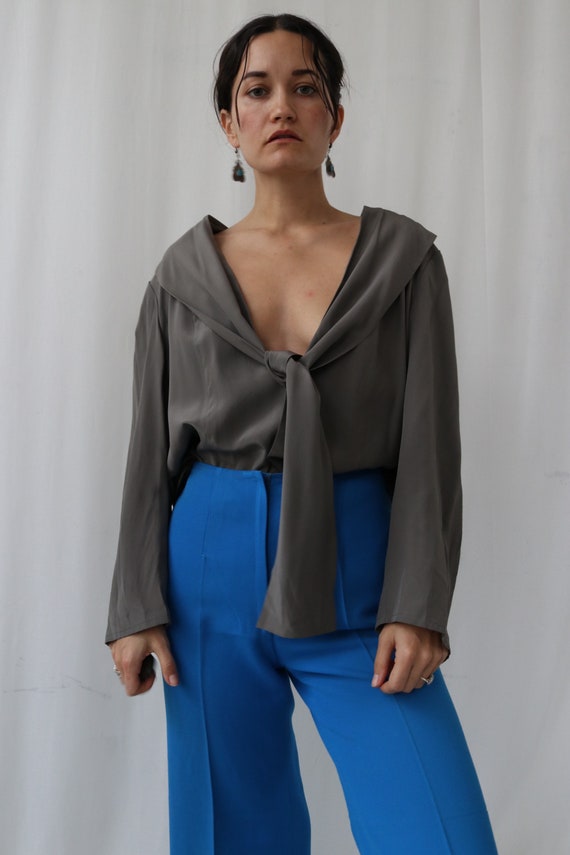 True Vintage 100% Silk Slate Grey Wrap Blouse M-L
