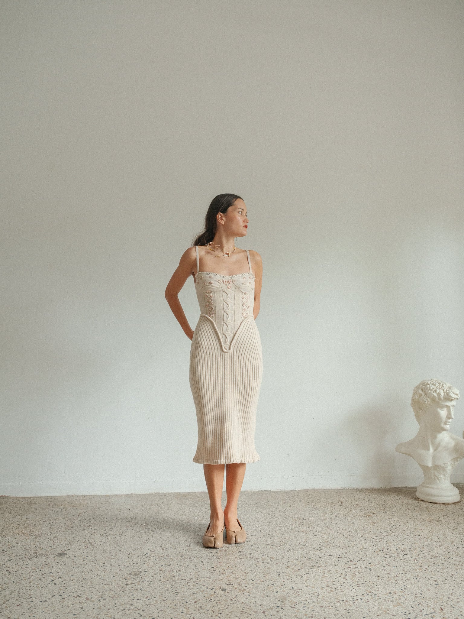 Extraordinary Knitted Beige Corset Dress With Floral Embellishment XS