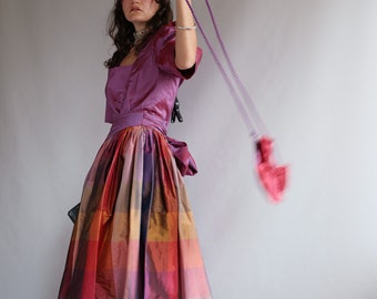 100% silk taffeta Rainbow German Peasant Milkmaid Dress with Puff Sleeves