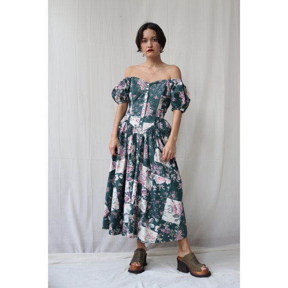 Cotton Floral boned Corset puff sleeve off the sho