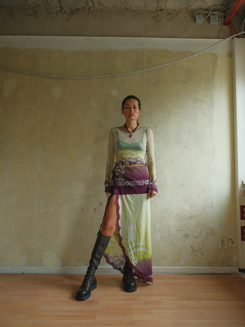 Fantastic Spring 2001 Jean Paul Gaultier Runway Multi Length Mesh Band Dress w Jersey Face Print Skirt