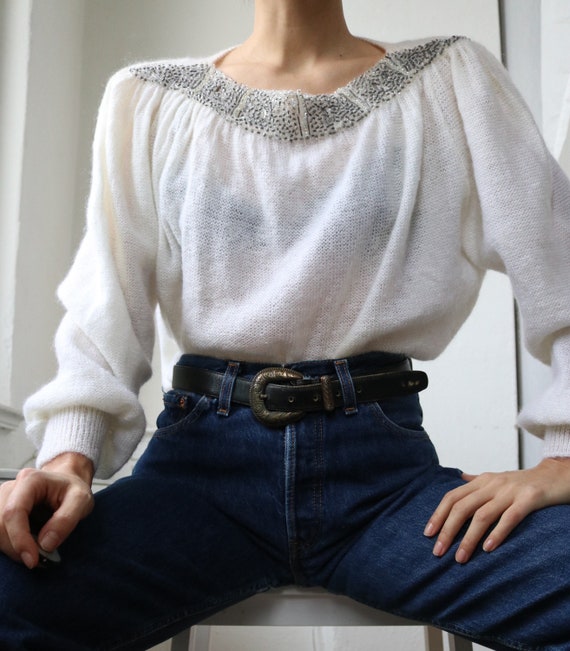 True Vintage White Real Mohair Puff Sleeve Beaded