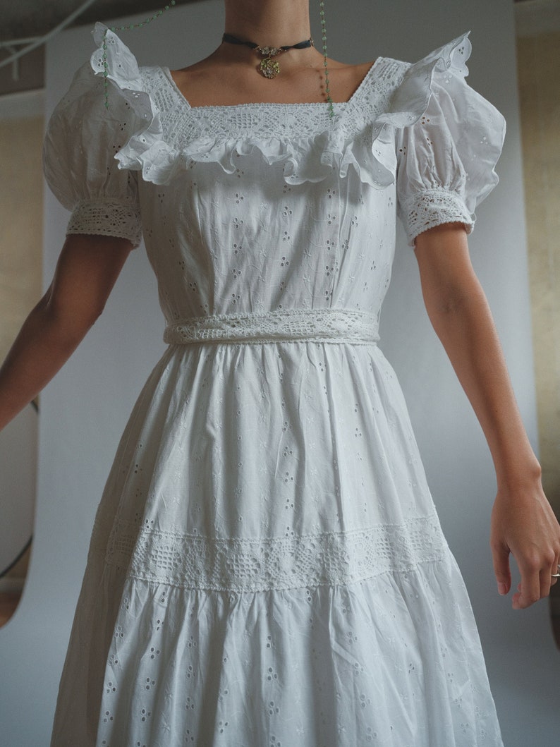 True Vintage White Cotton Anglaise Puff Sleeve Dress image 7