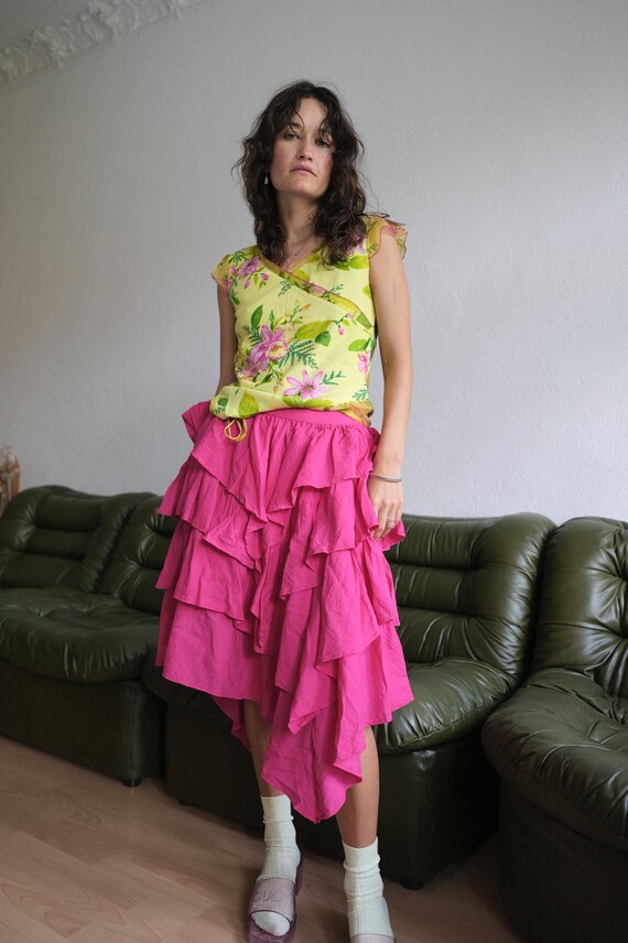 Y2K Yellow and Pink Hibiscus Asymmetrical ruffle … - image 4