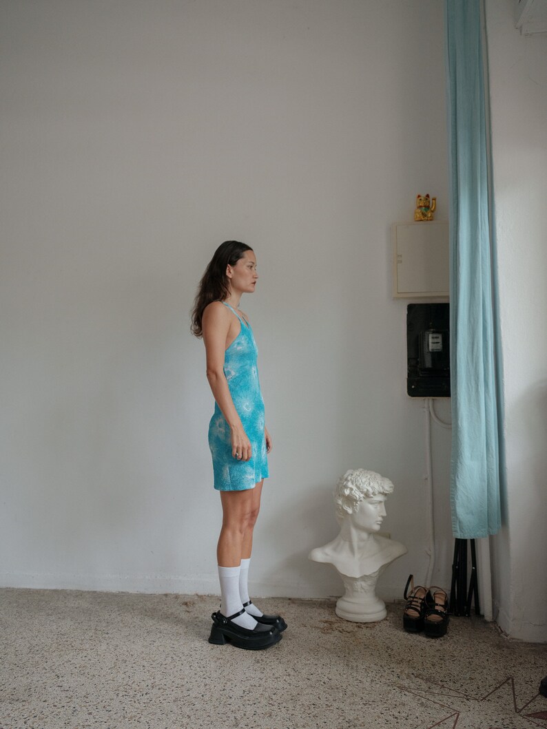 90s Baby Blue Tie Dye Fitted Mini Dress XS From my personal collection image 4