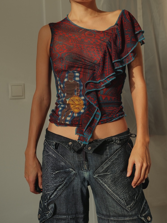 90s Jean Paul Gaultier Mesh Tribal Print one shou… - image 3