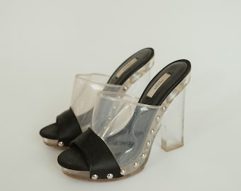 Prada Satin and Perspex Plastic studded platform heels size 38