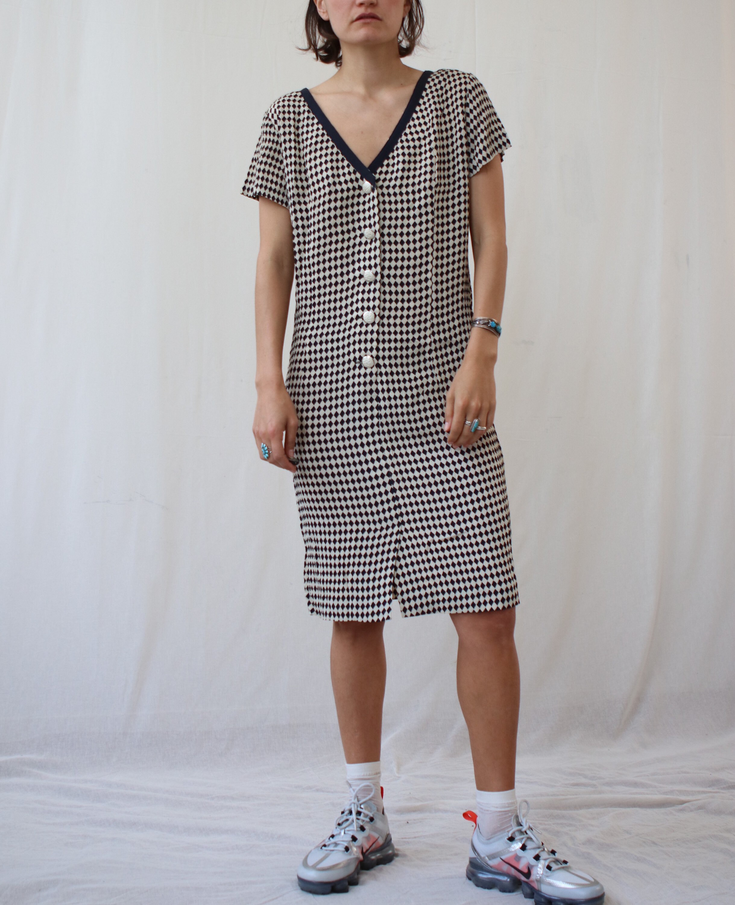 Image of Black & White Chess Board Checker Geometric Shift Dress Italian Vintage