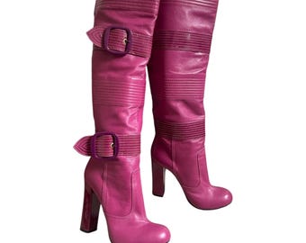 John Galliano 1990s Fuschia over the knee boots with big buckle details size 37
