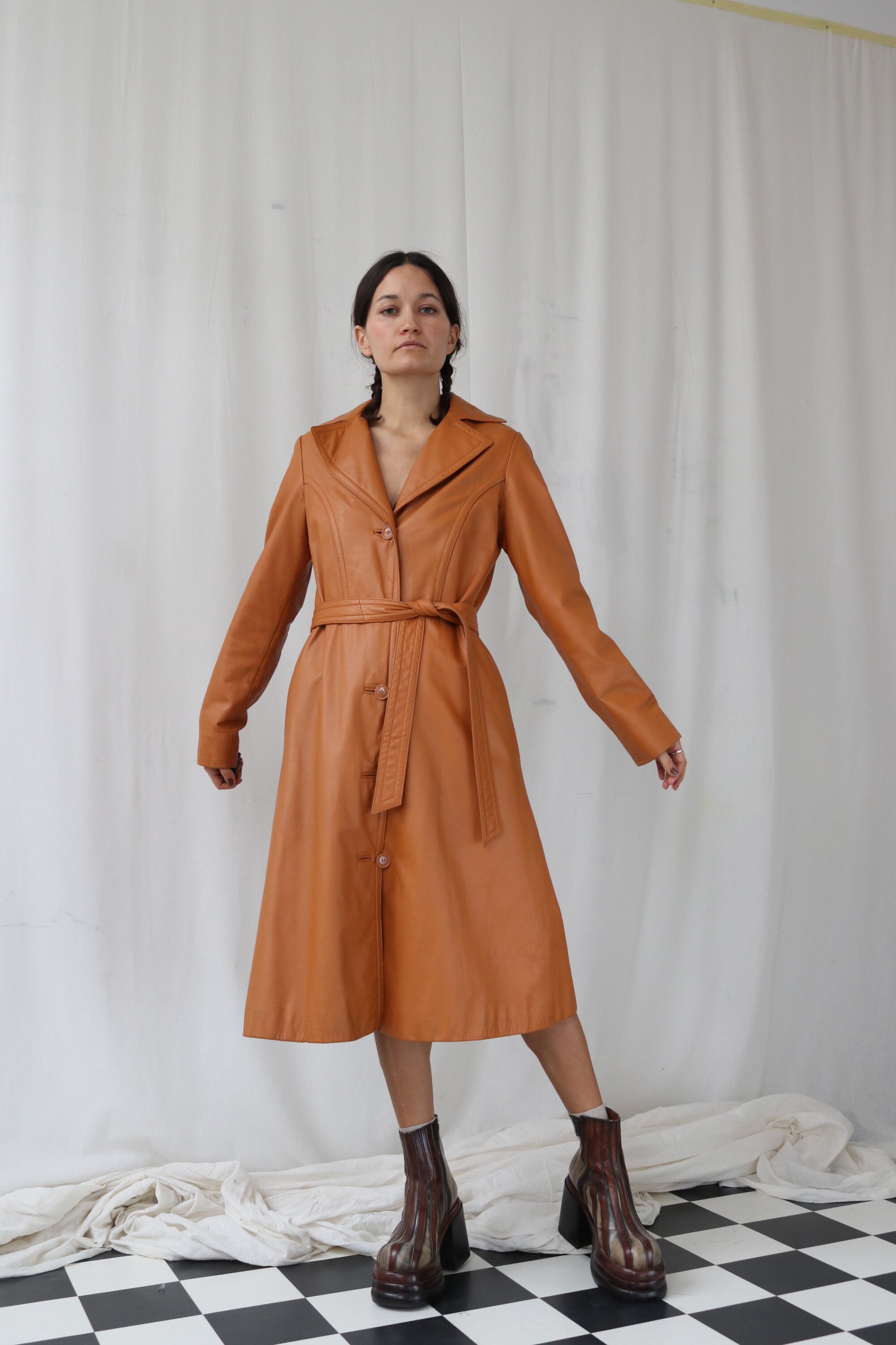 Image of Burnt Tangerine Leather Trench Coat Vintage