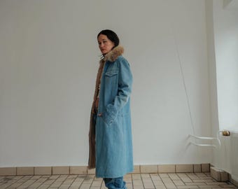 Vintage 725 Originals Denim Trench Coat Long Jean Jacket Raw Hem